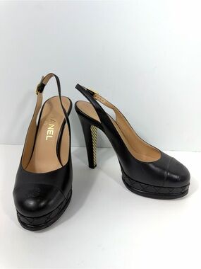 Chanel Black Leather CC Quilted Platform Pumps Heels Gold Metallic Sole 36